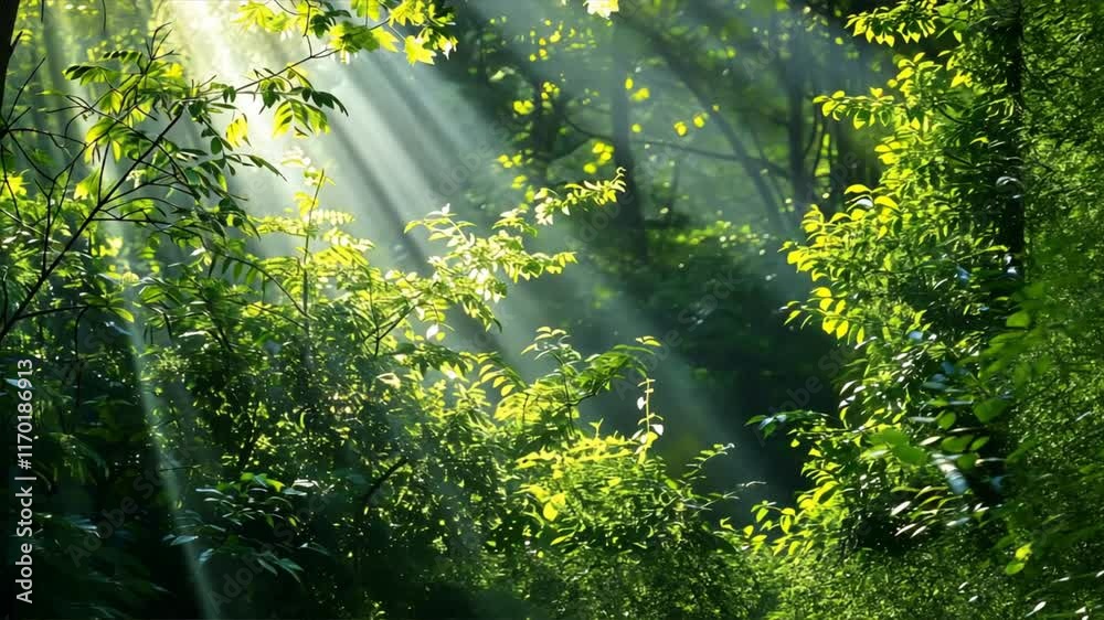Poster Serene Landscape of Lush Green Forest Sunlight Rays Filtering Through Trees and Foliage, Creating Peaceful Connection to Nature and Tranquility.