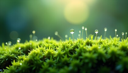Obraz premium A Marco View of a Lush Moss-Covered Surface With Dew Drops, 