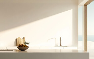 Modern kitchen interior with natural light and minimalist design overlooking the ocean
