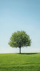 Obraz premium Lush Green Tree Against Clear Blue Sky on Vibrant Grass Field