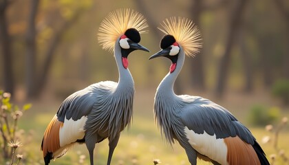 Fototapeta premium Two Elegant Grey-crowned Cranes, A Close-up Of Two Grey-Crowned Cranes