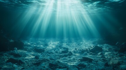 Fototapeta premium Sunbeams Illuminate Ocean Floor Plastic Pollution