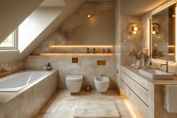 Luxurious beige bathroom with modern fixtures and natural light.