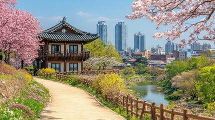 Obraz premium Scenic view of a park with cherry blossoms and modern buildings.