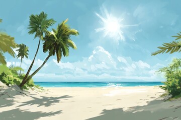 Naklejka premium Idyllic tropical beach scene with palm trees, white sand, and clear blue ocean under a bright sun.