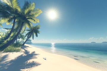 Sunny tropical beach with palm trees, clear water, and white sand.