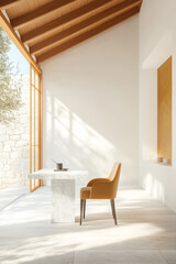 Elegant workspace featuring a marble table and stylish chair in a sunlit room