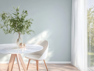 Modern design with a round marble table plant centerpiece and bright natural light