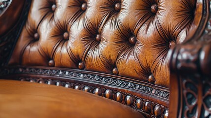 Fototapeta premium Close-Up View of Elegant Brown Leather Upholstered Antique Chair