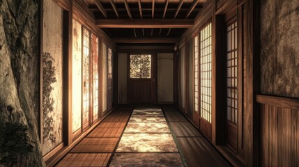 Rustic tatami floor hallway in a Japanese house, surrounded by wooden beams and intricate shoji door designs