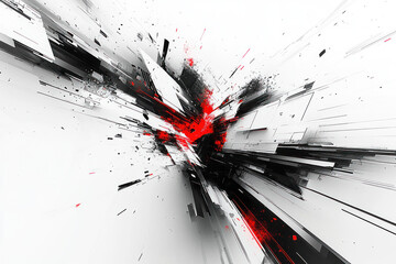 Abstract explosion of black and white shapes with red accents.