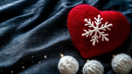 Fototapeta premium Red valentines day heart with white ornaments or snowflake made from wool on dark fabric background Concept of love warmth and christmas