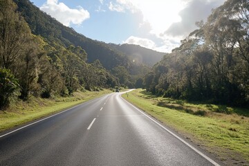 Naklejka premium Sunny road through a lush green valley.