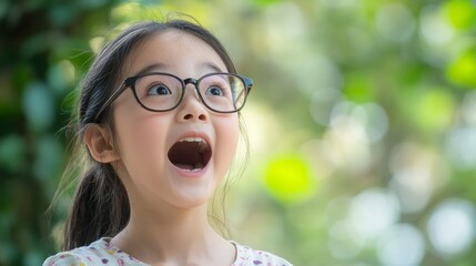 Pretty asian girl looking away in excitement wearing spectacles