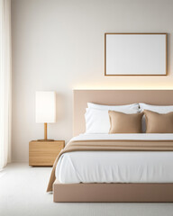 Naklejka premium Modern bedroom design with minimalist decor and soft color palette in a tranquil setting