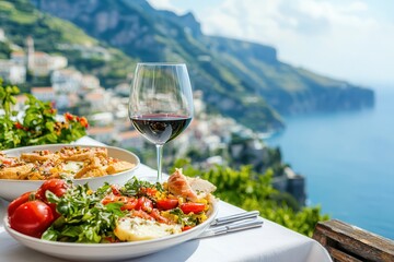 Italian cuisine pairs rich flavors with fine wine. Dining with a view of the coast and a glass of red wine.