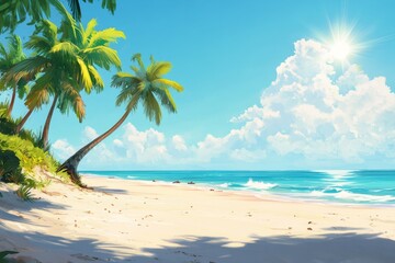 Idyllic tropical beach scene with palm trees, white sand, and turquoise ocean under a bright sun. (1)