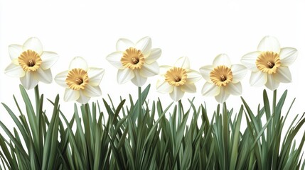 Fototapeta premium Stunning Arrangement of Blooming Daffodils in a Serene Landscape Featuring Vibrant Yellow Centers Surrounded by Lush Green Grass Against a Soft White Background