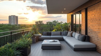 Sunset view from a modern apartment balcony with comfortable outdoor furniture.
