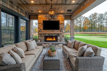 Luxury outdoor living space with indoor fireplace, couches, chairs, grass, built - in TV, golf green, wooden ceiling beams, light wood accents, stone wall and chandelier.
