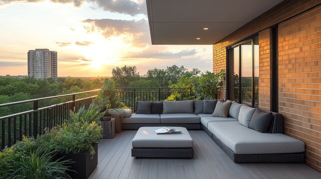 Sunset view from a modern apartment balcony with comfortable outdoor furniture.