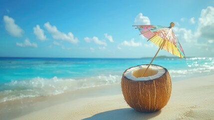 Coconut Drink with Umbrella on a Tropical Beach at Sunset