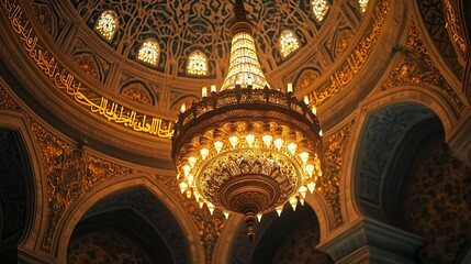 Obraz premium Ornate chandelier hangs beneath a patterned dome.
