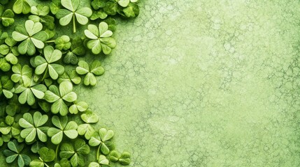 Natural green background with fresh three-leaved shamrocks St Patricks day holiday symbol Top view Selective focus