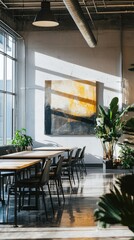 Fototapeta premium Bright Modern Workspace with Art and Indoor Plants in Natural Light