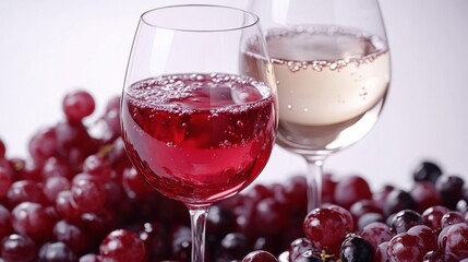 Elegant Still Life of Red and White Wine in Glasses Surrounded by Fresh Grapes on a Light Background, Perfect for Celebrations and Culinary Themes