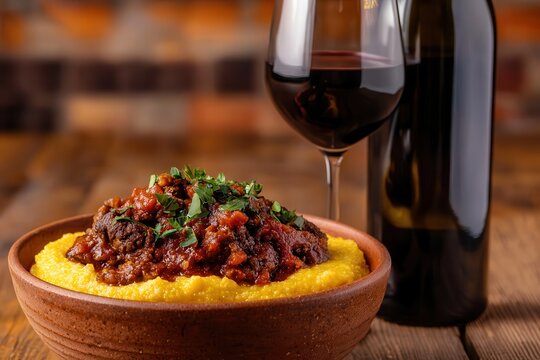 Italian cuisine pairs rich flavors with fine wine. Delicious dish with polenta and savory sauce beside wine glass.