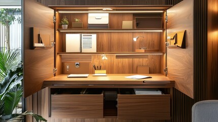 Modern Home Office Desk Design with Wood Finish and Ambient Lighting