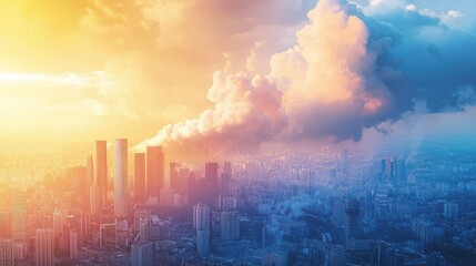 Fototapeta premium Dreamy Sunset Over City Skyline with Colorful Clouds and Haze