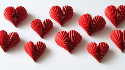 Obraz premium Minimalistic Valentine background with scattered red paper hearts on white, featuring vibrant decorations and room for text.