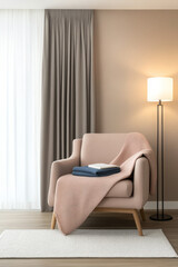 Cozy reading corner with a pink blanket and warm lighting in a modern interior