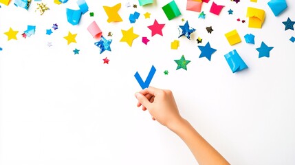 Colorful Party Decorations with Hand Holding Letter V Symbol