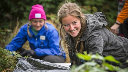 Young Women Engaged in Environmental Conservation Project Outdoors