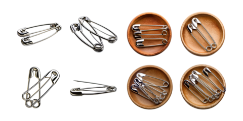 Metallic Safety Pins on Wooden Bowls