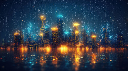 Naklejka premium Futuristic cityscape at night with glowing lights and reflections.