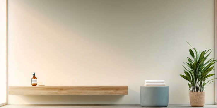 Minimalist interior design showcasing a serene corner with plant and bath essentials