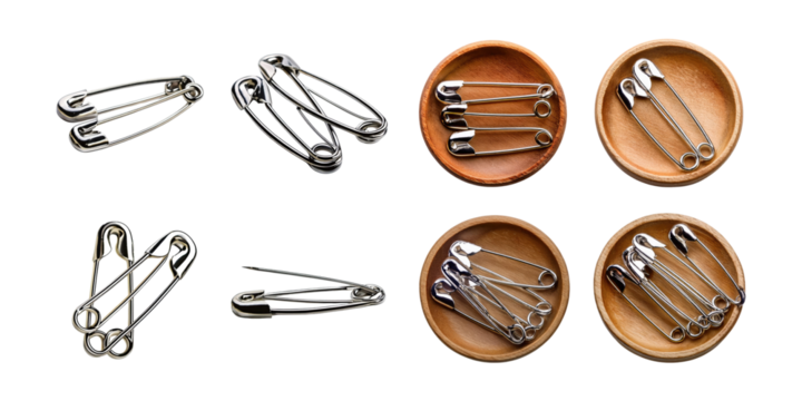 Metallic Safety Pins on Wooden Bowls