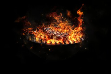 Flaming grilled meat skewers on barbecue.
