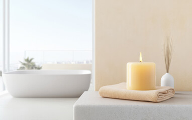 Relaxing bathroom setting with candle and towel for a serene atmosphere