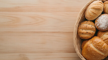 Assorted Breads in a Basket on Wooden Table