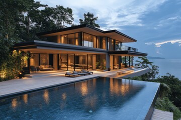 Fototapeta premium Modern luxury villa with outdoor pool and wooden deck overlooking the sea in Thailand, captured during blue hour with dramatic lighting and dark clouds.