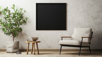 Stylish scandinavian composition of living room with design armchair black mock up poster frame plant wooden stool book decoration loft wall and personal accessories in modern home decor