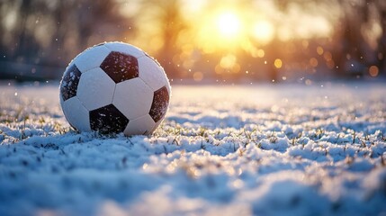 Fototapeta premium Soccer Ball on Snowy Ground with Glowing Sunset Background Creating a Serene Winter Sports Scene for Inspirational Athletic Imagery