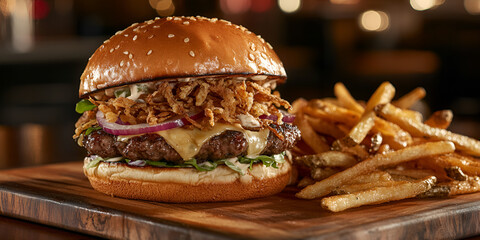 Gourmet Cheeseburger with Caramelized Onions and Fries

