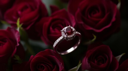 Marriage proposal with a ring and a bouquet of red roses