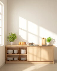 Bright and minimal kitchen interior with natural light and organized shelves